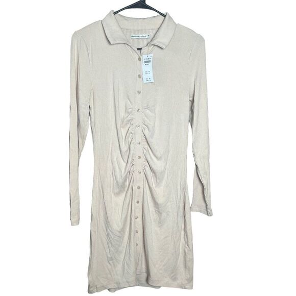 Abercrombie & Fitch NWT Beige Ruched Button Long Sleeve Mini Dress Size MP - Picture 3 of 10